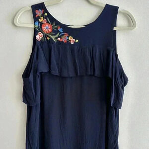 LOFT Cold Shoulder Ruffle Blouse, Floral Embroidered Top, Size Medium